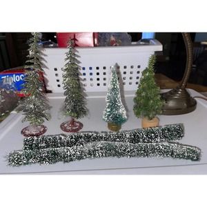Vintage Flocked Bristle Bottle Brush & Plastic Christmas Village Trees Lot 4M